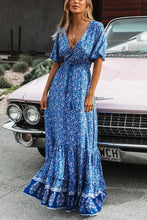 Load image into Gallery viewer, Blue Boho Floral Print Short Sleeve Maxi Dress
