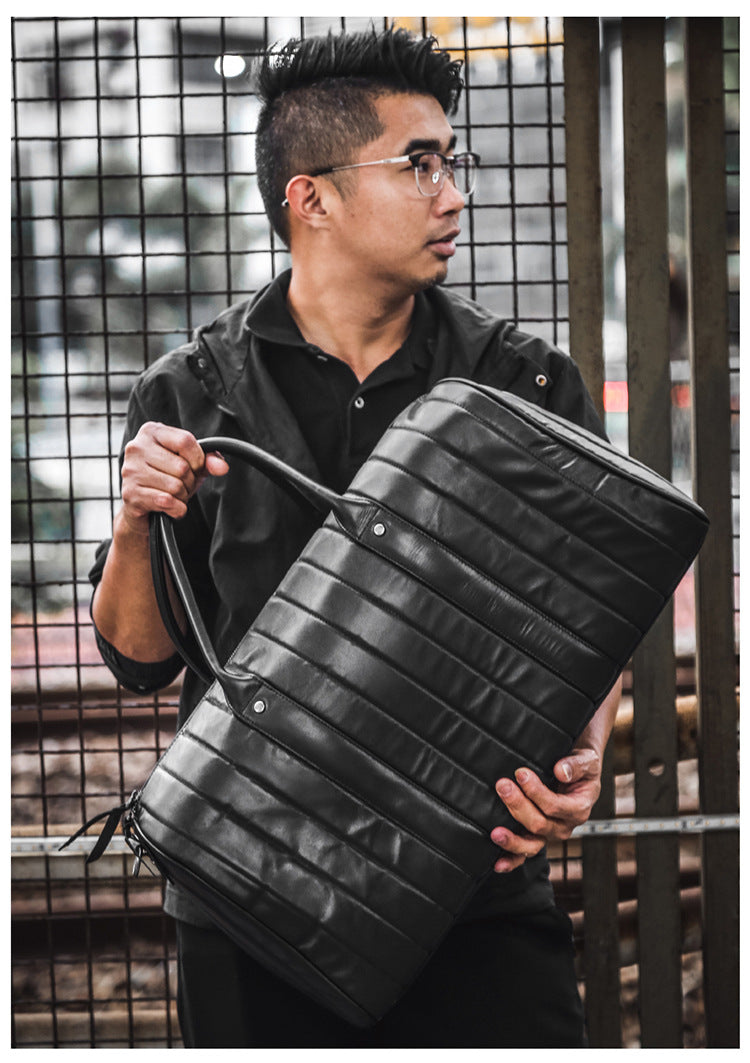 Black Large Storage Leather Travel Weekender Duffel Bag