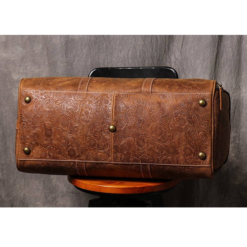 Brown Embossed Full Grain Travel Weekender Leather Duffel Bag
