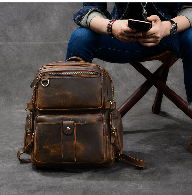 Handmade Brown Leather School Backpack