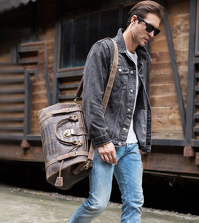 Crocodile Patterned Leather Travel Duffel Weekender Bag