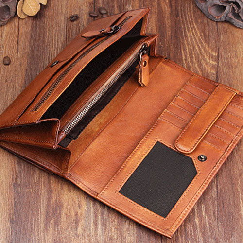 Handmade Leather Cool Long Leather Wallet Bifold Clutch Wallet
