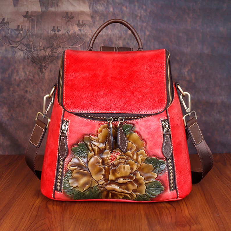 Unique Embossed Floral Leather Leather Backpack for Women
