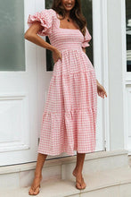 Load image into Gallery viewer, Plaid Square Neck Puff Sleeve Midi Dress
