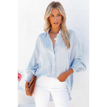 Load image into Gallery viewer, Blue Smocked Cuffed Striped Boyfriend Shirt With Pocket
