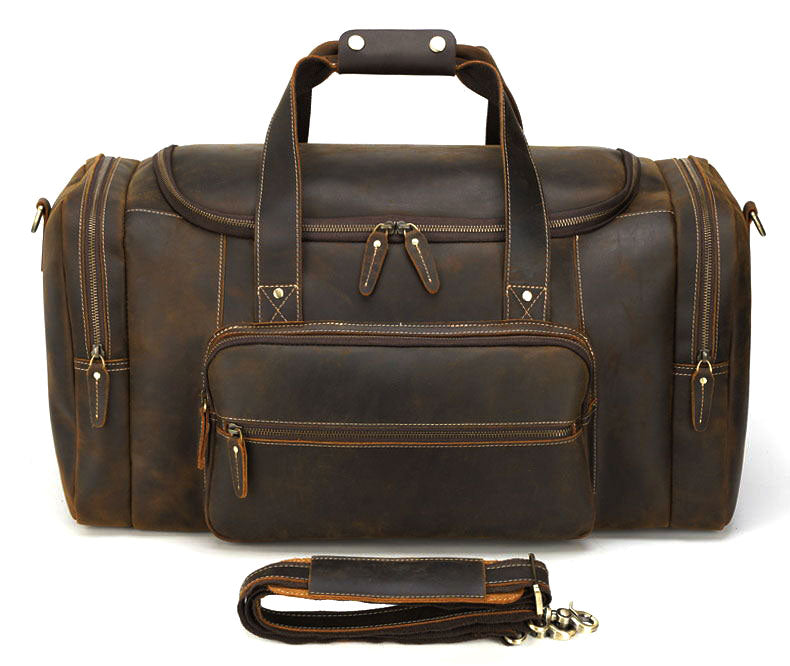 Brown Leather Travel Weekender Bag with Front Pocket
