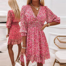 Load image into Gallery viewer, Pink Floral Shirred Ruffle Mini Dress
