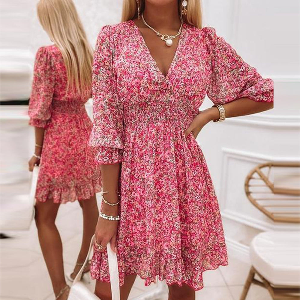 Pink Floral Shirred Ruffle Mini Dress