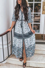 Load image into Gallery viewer, Blue Boho Floral Print Button Maxi Dress
