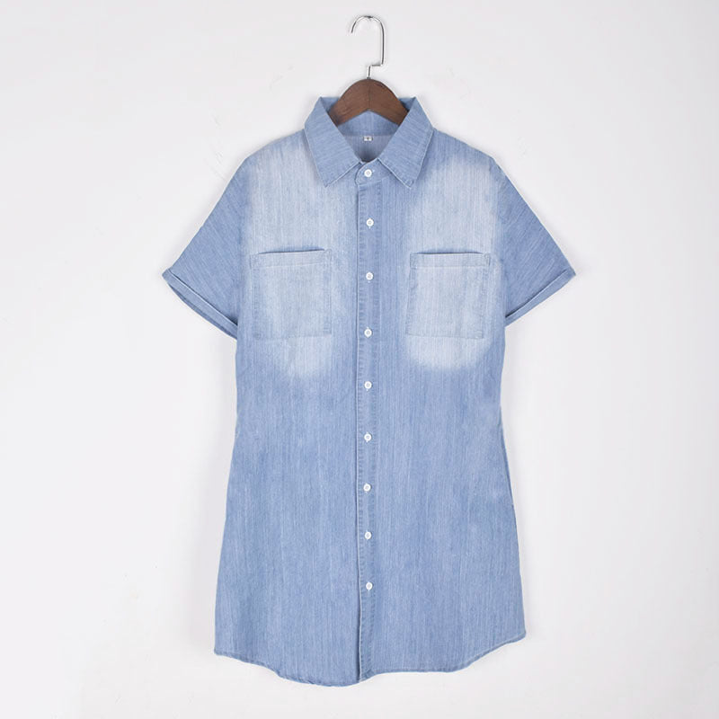 Classic Short Sleeves Denim Button Shirt Dress