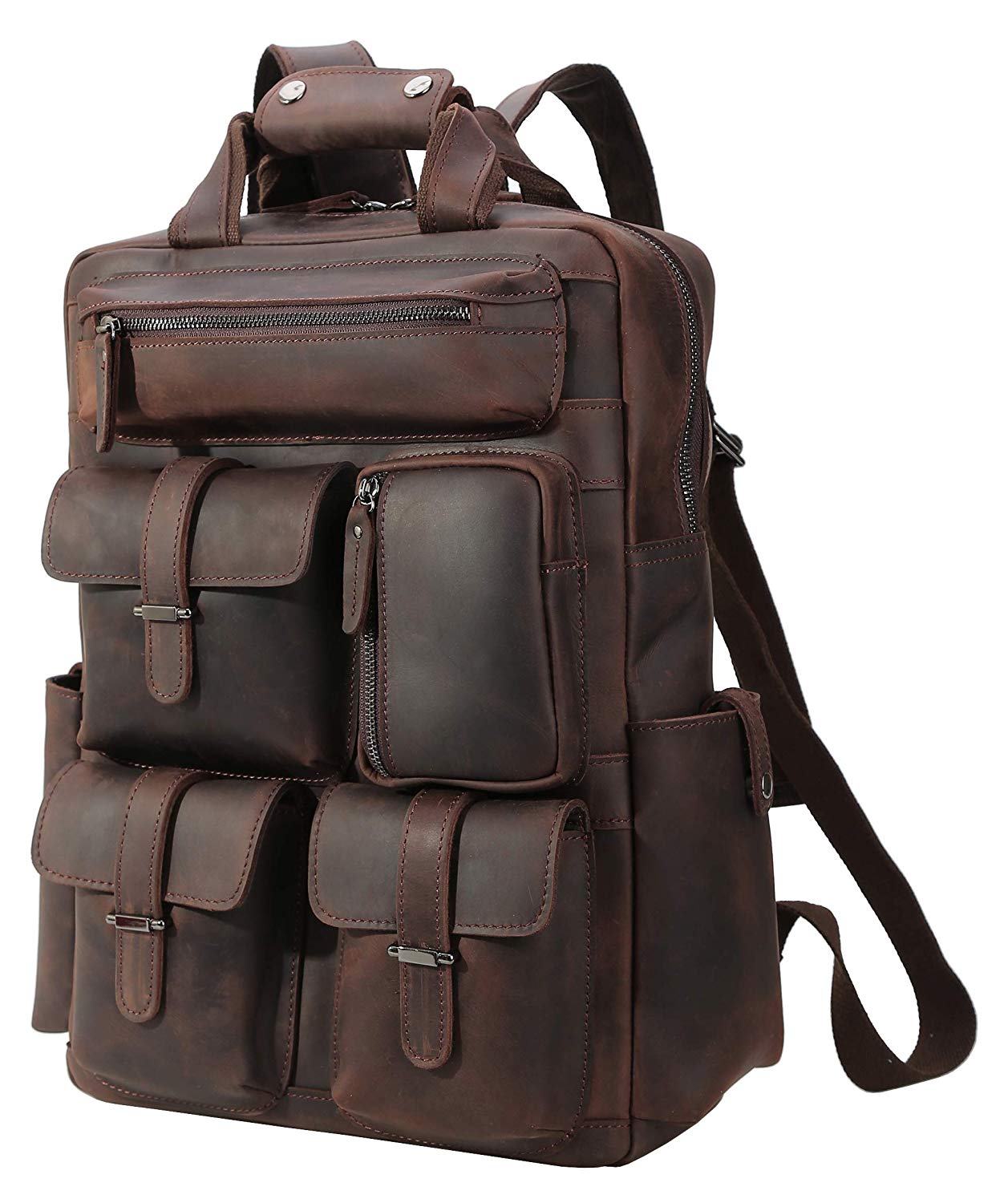 Cowhide Leather Multiple Laptop School Backpack Day pack Travel Bag Satchel with Zippers