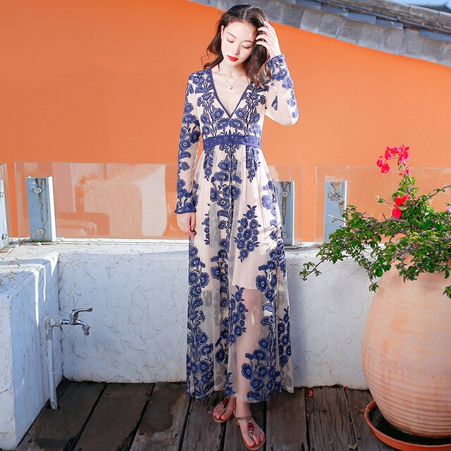 Embroidery Lace Sheer Long Sleeve Deep V Neck Boho Bohemian Beach Dress Gown