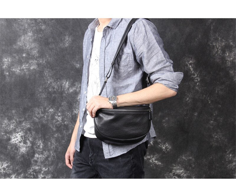 Black Leather Crossbody Sling Bag for Men