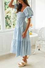 Load image into Gallery viewer, Plaid Square Neck Puff Sleeve Midi Dress
