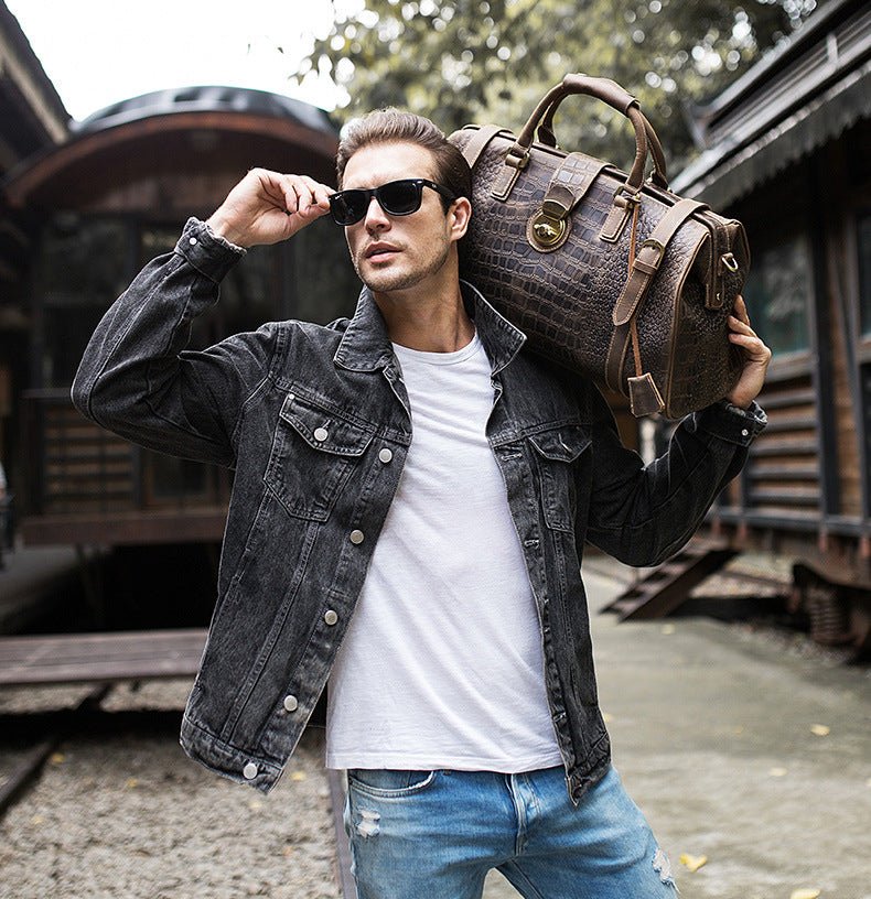 Crocodile Patterned Leather Travel Duffel Weekender Bag