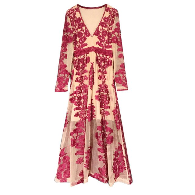 Embroidery Lace Sheer Long Sleeve Deep V Neck Boho Bohemian Beach Dress Gown