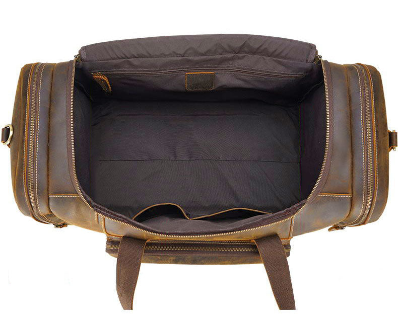 Brown Leather Travel Weekender Bag with Front Pocket