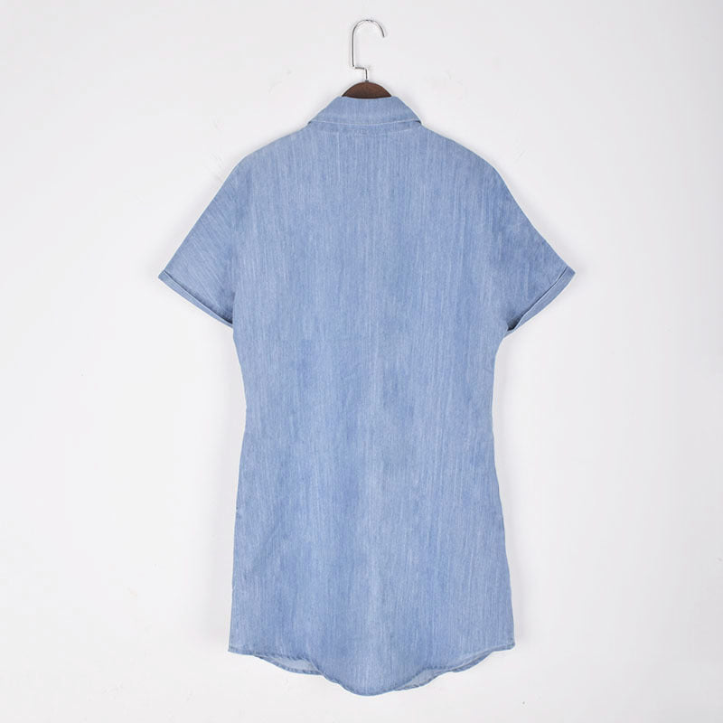 Classic Short Sleeves Denim Button Shirt Dress