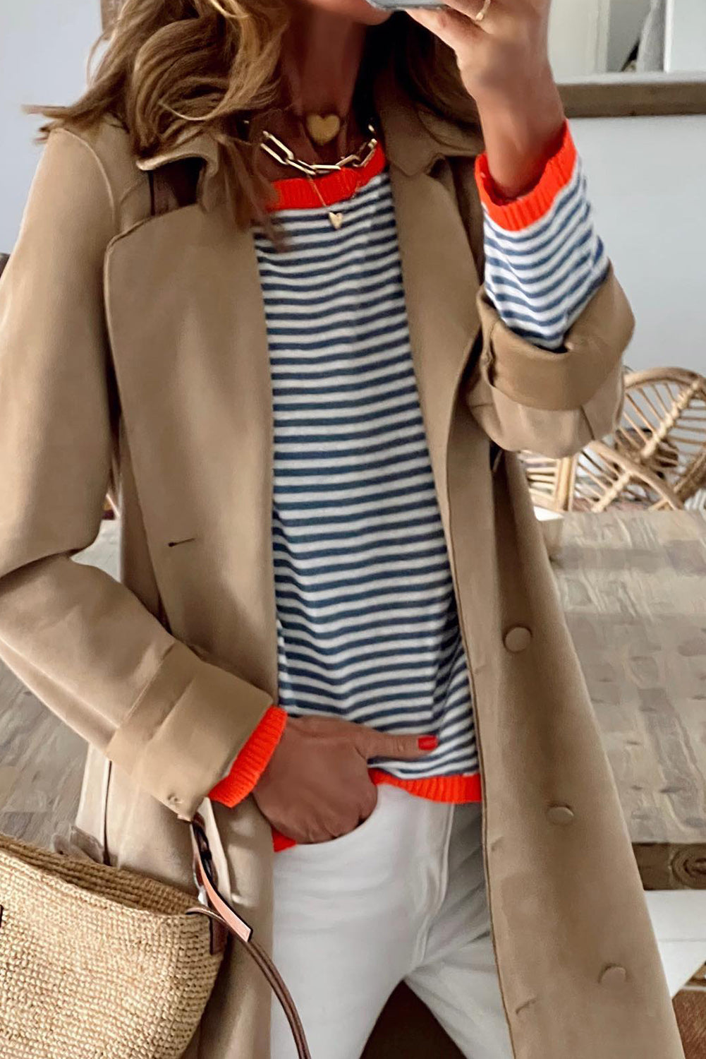 Contrast Trimmed Striped Drop Shoulder Sweater