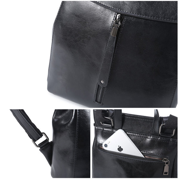 Brown Zipper Convertible Leather Backpack