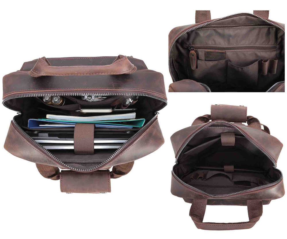 Cowhide Leather Multiple Laptop School Backpack Day pack Travel Bag Satchel with Zippers