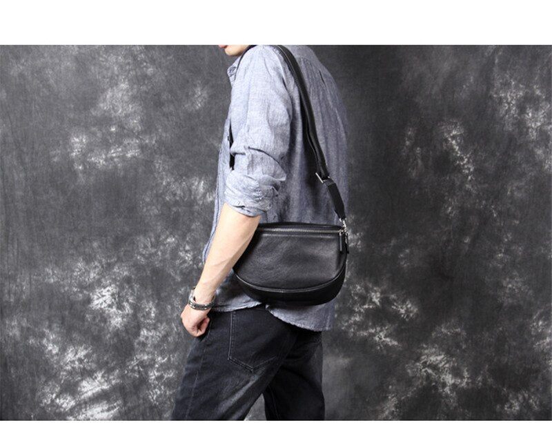 Black Leather Crossbody Sling Bag for Men
