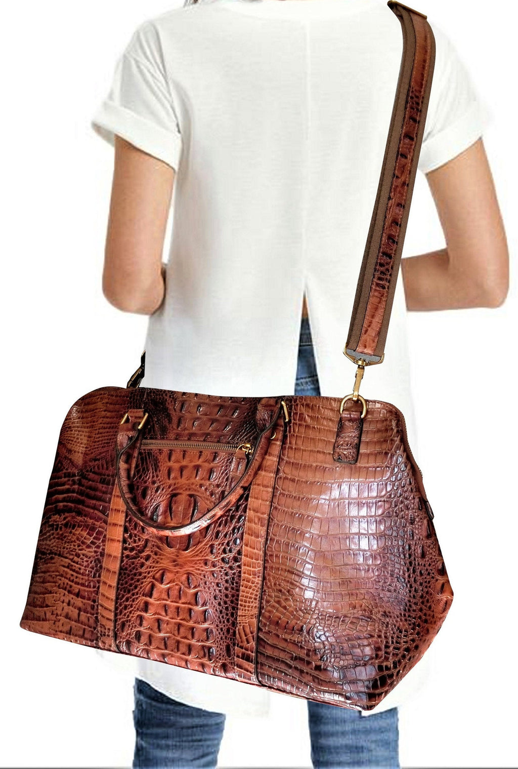 Crocodile Patterned Leather Travel Bag Weekender Bag Overnight Leather Duffel