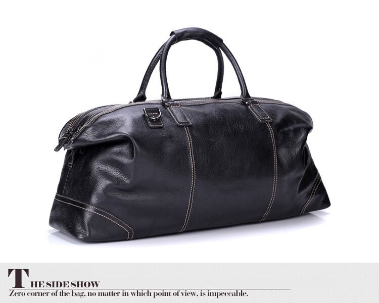 Black Full Grain Travel Weekender Duffel Bag for Men