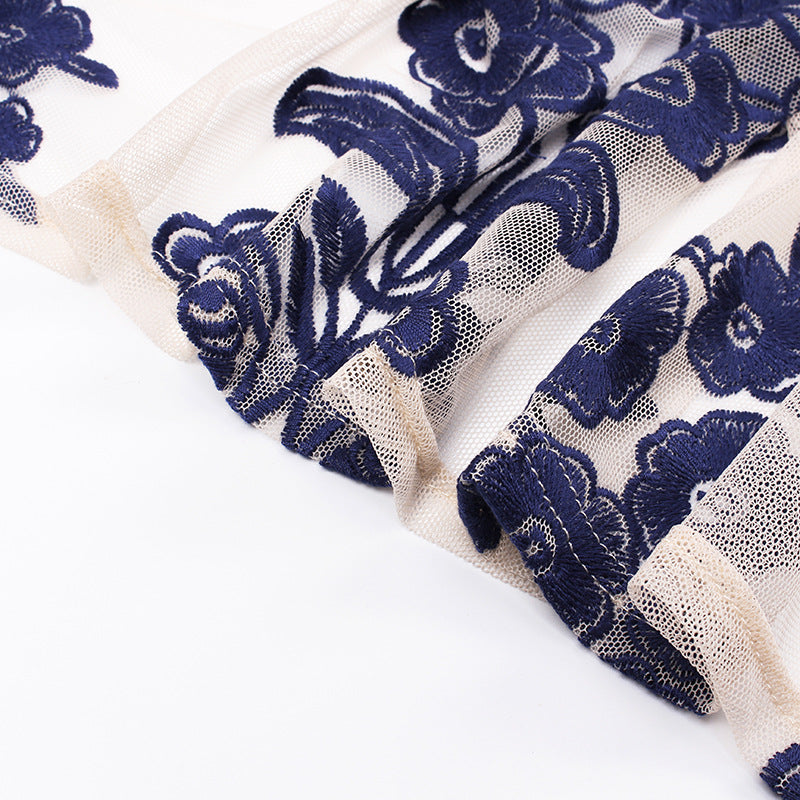 Embroidery Lace Sheer Long Sleeve Deep V Neck Boho Bohemian Beach Dress Gown