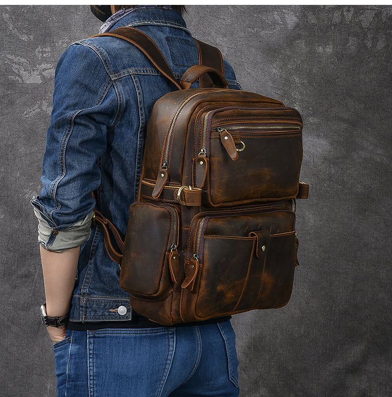 Handmade Brown Leather School Backpack