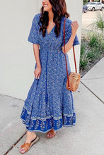 Load image into Gallery viewer, Blue Boho Floral Print Short Sleeve Maxi Dress
