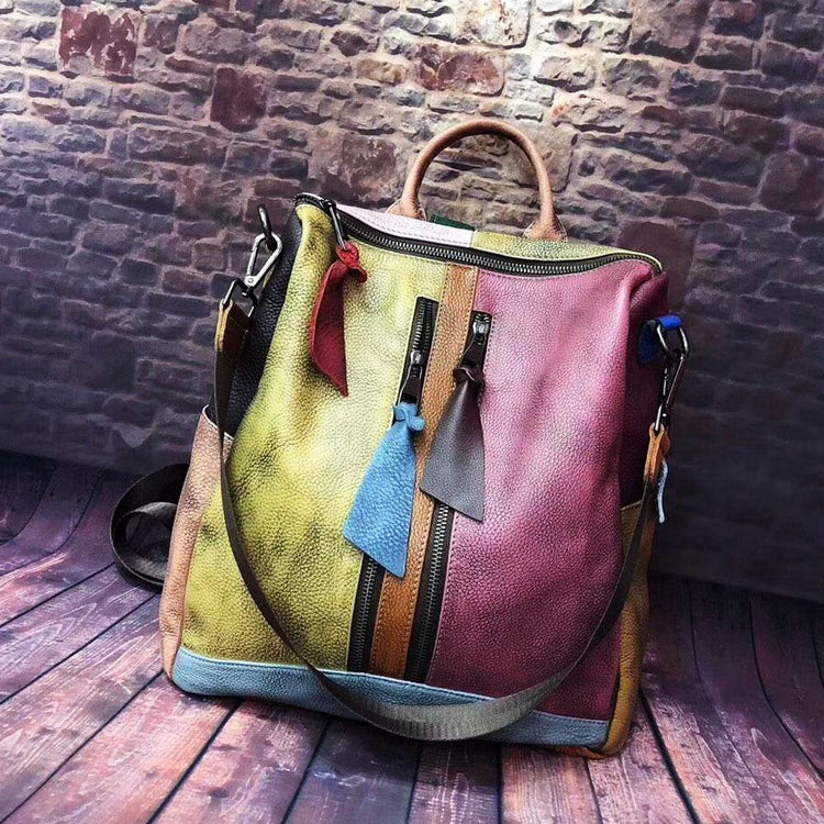 Retro Color Block Handbag Genuine Leather Backpack for Women
