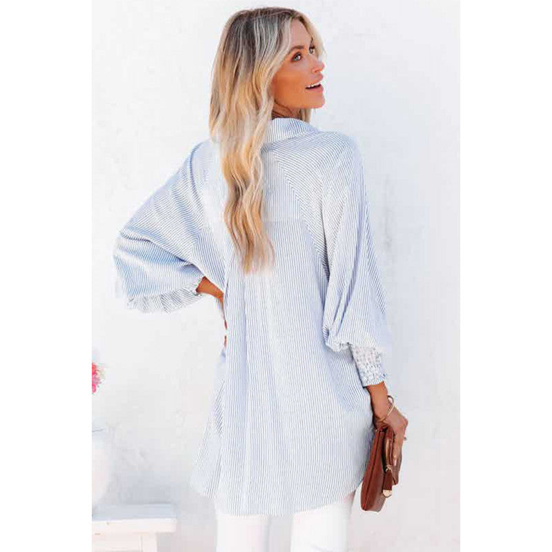 Blue Smocked Cuffed Striped Boyfriend Shirt With Pocket