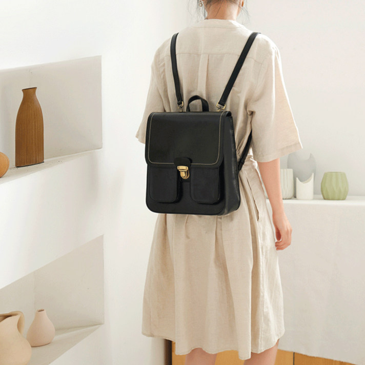 Vintage Brown School Leather Backback For Women