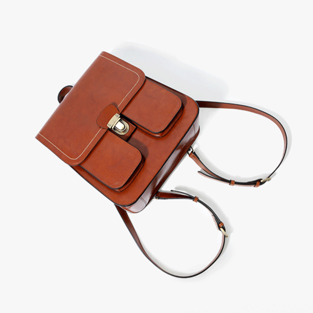 Vintage Brown School Leather Backback For Women