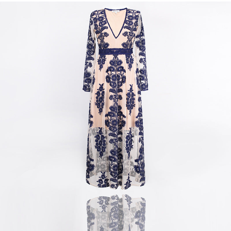 Embroidery Lace Sheer Long Sleeve Deep V Neck Boho Bohemian Beach Dress Gown