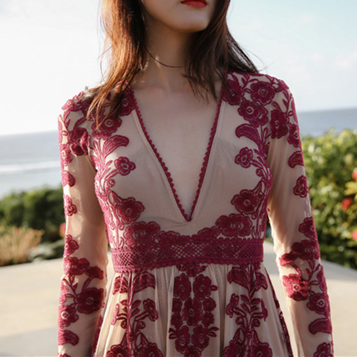 Embroidery Lace Sheer Long Sleeve Deep V Neck Boho Bohemian Beach Dress Gown