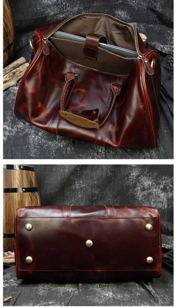 Burgundy Simple Travel Weekender Leather Duffel Bag