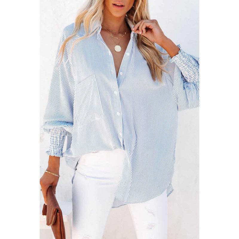 Blue Smocked Cuffed Striped Boyfriend Shirt With Pocket