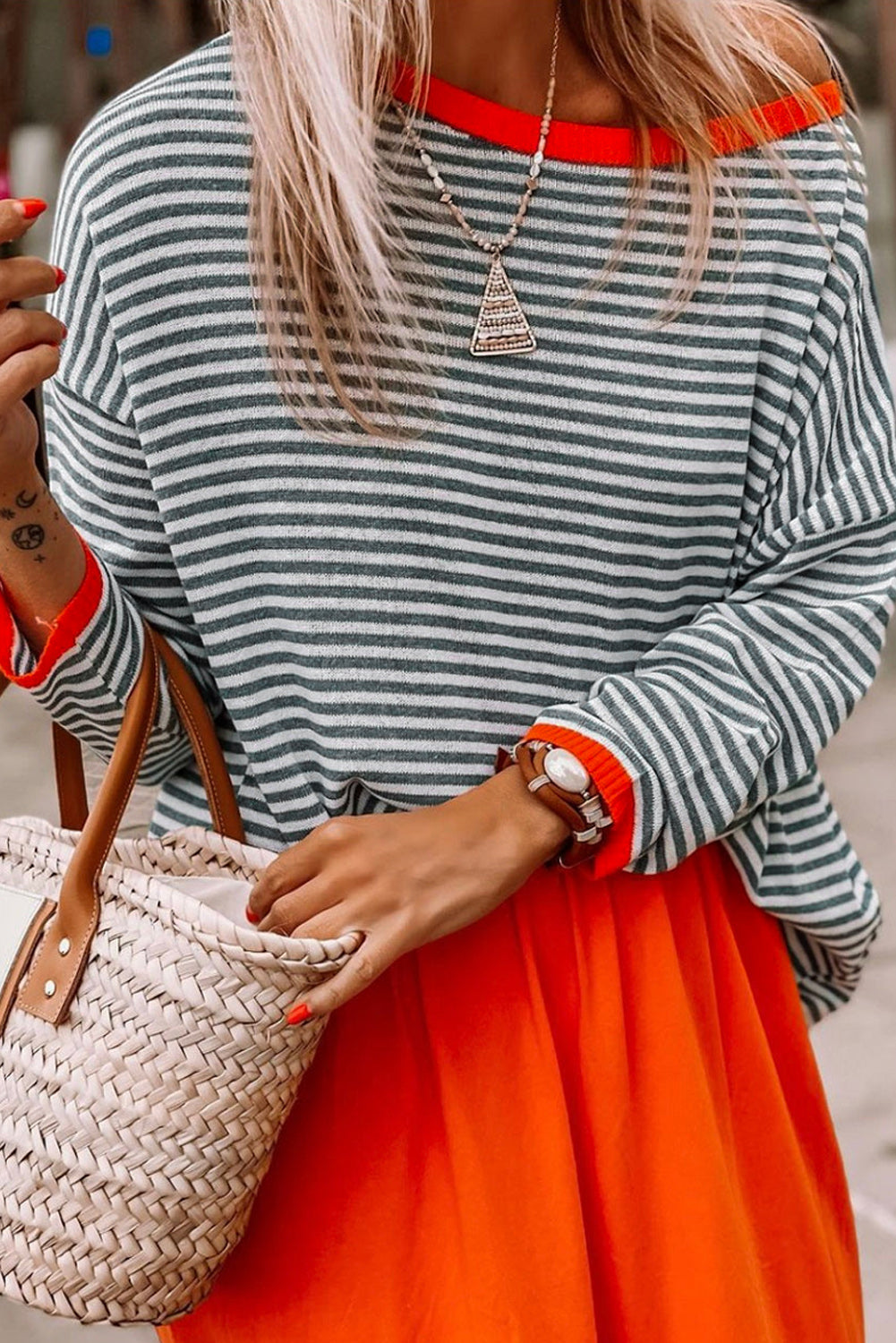 Contrast Trimmed Striped Drop Shoulder Sweater