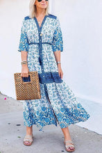 Load image into Gallery viewer, Blue Boho Floral Print Button Maxi Dress

