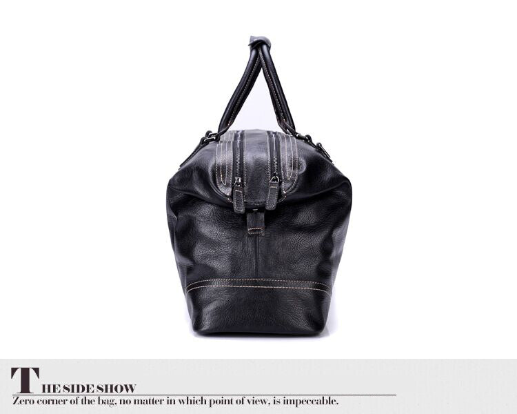 Black Full Grain Travel Weekender Duffel Bag for Men