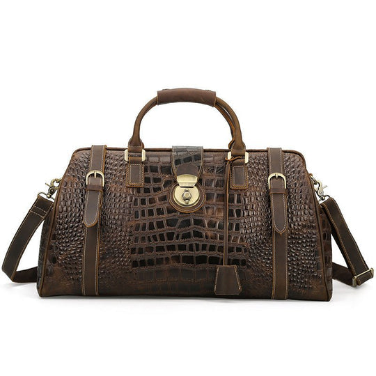 Crocodile Patterned Leather Travel Duffel Weekender Bag