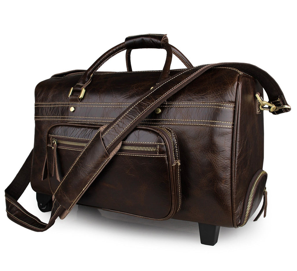 Coffee Leather Trolley Bag Carry on