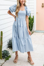 Load image into Gallery viewer, Plaid Square Neck Puff Sleeve Midi Dress
