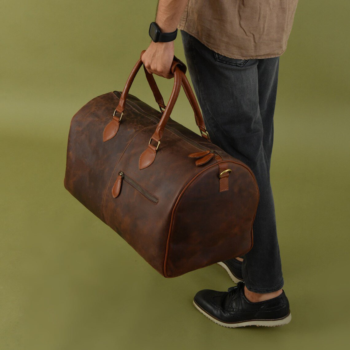 Cowhide Leather Overnight Travel Weekender Duffel Bag
