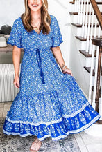 Load image into Gallery viewer, Blue Boho Floral Print Short Sleeve Maxi Dress
