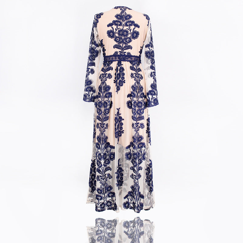 Embroidery Lace Sheer Long Sleeve Deep V Neck Boho Bohemian Beach Dress Gown