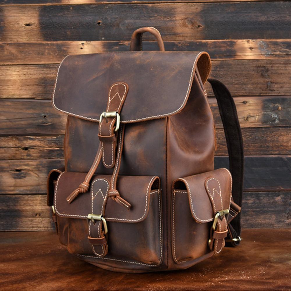 Handmade Pockets Leather School Backpack