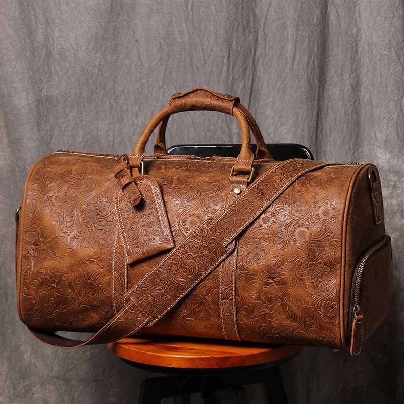 Brown Embossed Full Grain Travel Weekender Leather Duffel Bag